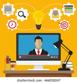 Monitor with video online webinar on the screen. Vector flat illustration.