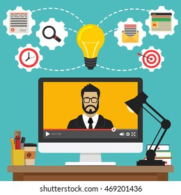 Monitor with video online webinar on the screen. Vector flat illustration.