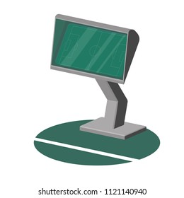Monitor for viewing disputed moments while playing football.  Screen standing at the edge of the field. Video assistant Referee system (VAR).