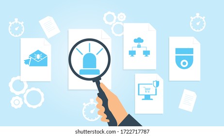 Supervisar archivo de peligro de eliminación de virus, documentar ilustración vectorial de investigación. Documento con iconos de búsqueda. Fichero y lupa. Signo de investigación analítica. Ilustración vectorial