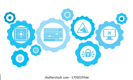 Monitor virus delete danger gear blue icon set. Abstract background with connected gears and icons for logistic, service, shipping, distribution, transport, market, communicate concepts