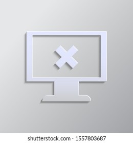 Monitor virus delete danger icon paper style. Grey color vector background