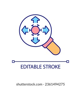 Monitorear el virus propagando el icono de color RGB. Infección contagiosa. Investigación y análisis médicos. Ilustración vectorial aislada. Dibujo de línea simple relleno. Trazo editable. Tipo de letra arial utilizado