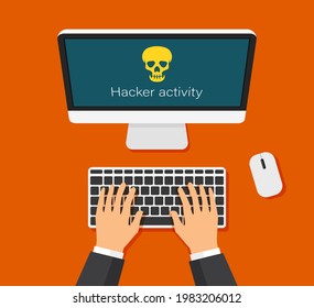 Monitor and virus warning on it. Hacking mail or computer. Hand are typing on keyboard. Skull icon on a display. Getting a pirated or infected letter. Top view.