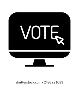 Monitor with vote text icon. Elections, evote, check stamps, voting, candidate, voter, polling station, president, parliament, electronic voting, debate, election campaign.