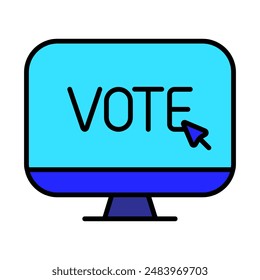 Monitor with vote text icon. Elections, evote, check stamps, voting, candidate, voter, polling station, president, parliament, electronic voting, debate, election campaign.