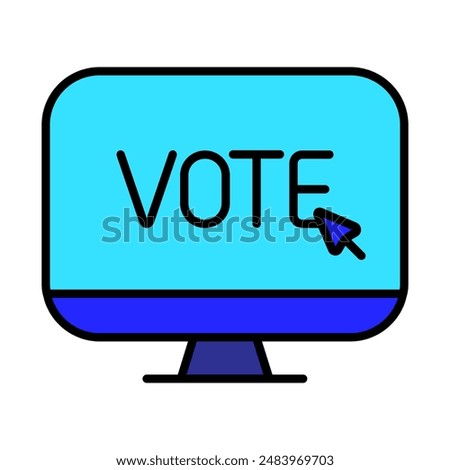 Monitor with vote text icon. Elections, evote, check stamps, voting, candidate, voter, polling station, president, parliament, electronic voting, debate, election campaign.