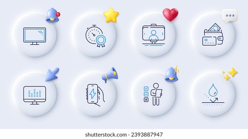 Monitor, Waterproof and Music making line icons. Buttons with 3d bell, chat speech, cursor. Pack of Selfie stick, Charging app, Voting ballot icon. Best result, Money pictogram. Vector