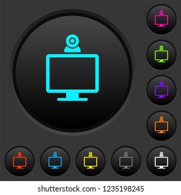 Monitor with webcam dark push buttons with vivid color icons on dark grey background