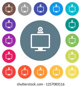 Monitor with webcam flat white icons on round color backgrounds. 17 background color variations are included.