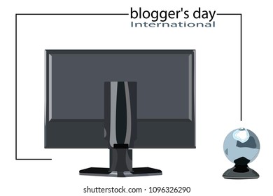 Monitor and webcam in a frame with an inscription on the world day of the blogger