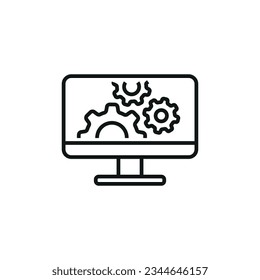Monitor with wheel icon vector illustration. Gear on isolated background. Cogwheel sign concept.