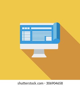 Monitor whit blueprint icon. Flat vector related icon with long shadow for web and mobile applications. It can be used as - logo, pictogram, icon, infographic element. Vector Illustration.