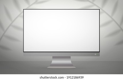 Monitor with a white screen in a light studio. White studio background space with shadows and shelf. Vector. Realistic style.