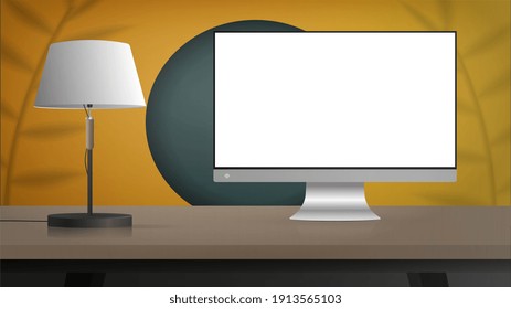 A monitor with a white screen stands on a wooden table. A realistic yellow room with a stylish design. Ready banner for your advertisement. Vector.