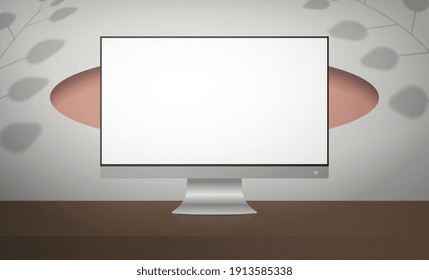 A monitor with a white screen stands on a wooden table. White room with stylish design. Ready banner for your advertisement. Vector illustration. 
