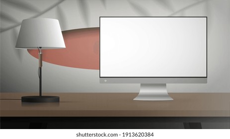 A monitor with a white screen stands on a wooden table. White room with stylish design. Ready banner for your advertisement. Vector illustration. Realistic style.