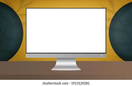Monitor con pantalla blanca. Habitación amarilla con fondo de diseño y estantería vacía. Espacio de fondo de estudio amarillo con sombras de hojas. Vector. Estilo realista.