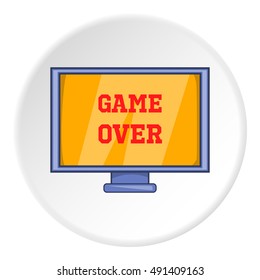 Monitor with word game over icon in cartoon style on white circle background. Play symbol vector illustration