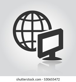 Monitor world. The globe icon. Globe symbol. Flat Vector illustration. Glossy laptop isolated on white vector eps10