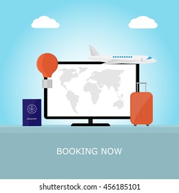 monitor with a world map on the screen, suitcase, airplane, balloon, passport on a blue background, online booking concept, vector illustration in flat style