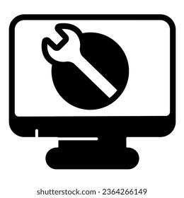 Monitor with wrench solid icon, pcrepair concept, monitor with wrench vector sign on white background, monitor glyph style for mobile concept and web design. Vector graphics