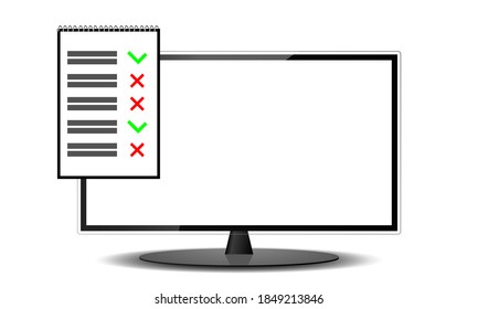 Monitor con un documento escrito sobre un fondo blanco aislado, formulario a rellenar y monitor realista, ilustración vectorial