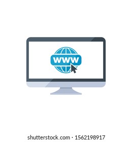 Monitor with www (World Wide Web). Internet click icon.