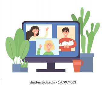 Monitoreo con jóvenes comunicándose en videoconferencia. Parte de comunicación en línea durante el autoaislamiento del coronavirus, ilustración conceptual vectorial