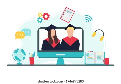 Monitor with a young woman and a man in square academic caps celebrating their online 2021 graduation. Vector illustration in a flat style.