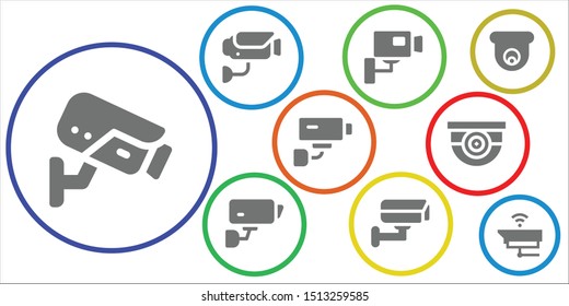monitored icon set. 9 filled monitored icons.  Collection Of - Cctv, Surveillance, Security camera icons
