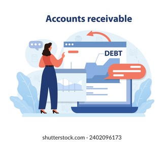 Monitoring accounts receivable operations. Woman reviews digital dashboard with graphs, invoices, and debt notification. Financial claims management. Flat vector illustration.