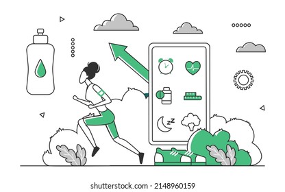 Monitoring active lifestyle mobile application. Daily training and healthy nutrition program vector monocolor illustration