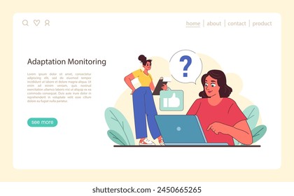 Monitoring the Adaptation Process web or landing. Ensuring new employee engagement with proactive support and queries. Flat vector illustration.