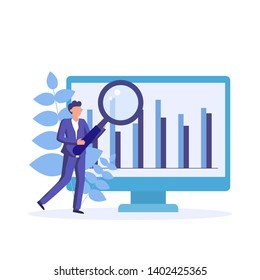 Monitoring and analyze finance report on computer monitor. Vector flat concept illustration.