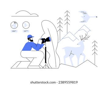 Monitoring animal population abstract concept vector illustration. Zoologist with camera in forest, control animal population, ecology industry, environmental science abstract metaphor.