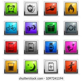 monitoring apps vector icons in square colored buttons for web and user interface design