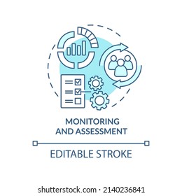 Monitoring and assessment turquoise concept icon. Evaluate progress. Social planning abstract idea thin line illustration. Isolated outline drawing. Editable stroke. Arial, Myriad Pro-Bold fonts used