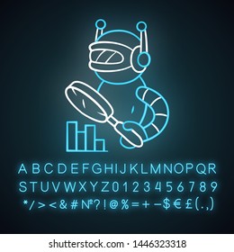 Monitoring bot neon light icon. Machine learning. Artificial intelligence. Internet robot with magnifying glass. Glowing sign with alphabet, numbers and symbols. Vector isolated illustration