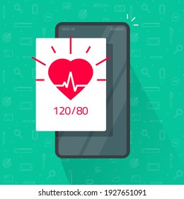 Monitoring or check heart beat rate test and blood pressure app via mobile cell phone vector flat cartoon, tracking health information on smartphone, pulse healthcare, ecg heartbeat idea