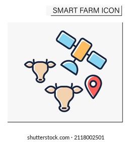 Monitoring color icon. Tracking location of domestic animals by satellite. Digital technologies in agriculture.Smart farm concept. Isolated vector illustration