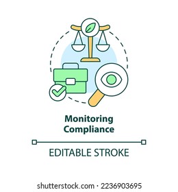 Icono de concepto de cumplimiento de supervisión. Ecoauditoría empresarial. Ilustración de línea delgada de idea abstracta del emprendimiento verde. Dibujo de contorno aislado. Trazo editable. Fuentes Arial, Myriad Pro-Bold utilizadas