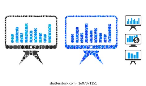 Monitoring composition of filled circles in different sizes and color tones, based on monitoring icon. Vector filled circles are organized into blue illustration.