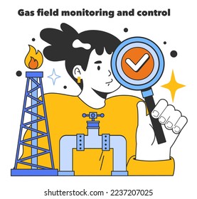 Monitoring and control in the development of gas fields. Reglamentation of natural resource extraction. Fossil fuel industry. Flat vector illustration