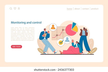 Monitoring and control in IT project management. Illustration of team analysis and performance tracking, using metrics and feedback for project progress. Flat vector illustration.