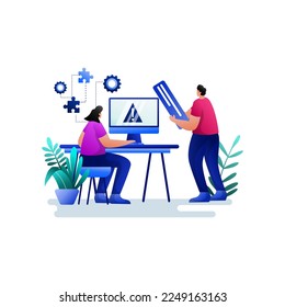 Monitoring  Controlling Flat Illustration gradient blue. finance management business concept. the male character is giving work assignments to the female develoment. suitable for mobile app web