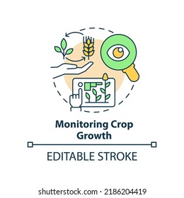 Monitoring Crop Growth Concept Icon. Observe Progress. Increased Crop Yield Abstract Idea Thin Line Illustration. Isolated Outline Drawing. Editable Stroke. Arial, Myriad Pro-Bold Fonts Used