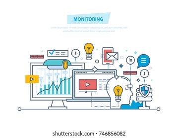 Monitoring, Digital Marketing, Media Planning, Online Business, Analysis, Promo, Promotion In Social Network. Financial Monitoring, Tracking, Growth Video Monitoring Illustration Thin Line Design