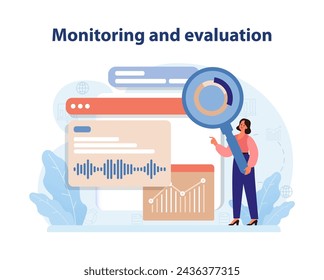 Monitoreo y Evaluación. Una ilustración vectorial expresiva que muestra el papel crítico de la evaluación continua y el seguimiento del rendimiento en la estrategia de cambio de marca de una marca. Ilustración vectorial plana.