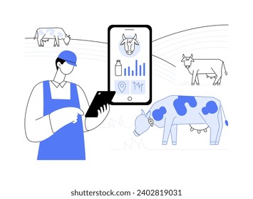 Monitoring health of livestock abstract concept vector illustration. Farmer with smartphone monitors cows health, managing farms using technologies like IoT, drones and AI abstract metaphor.